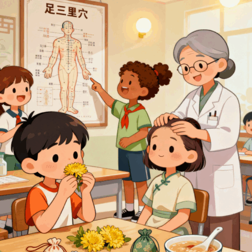 jimeng 2025 10 12 2247 儿童中医工作坊宣传单，可爱卡通风格。一群快乐、多样化的孩子在明亮干净的教室里。一...