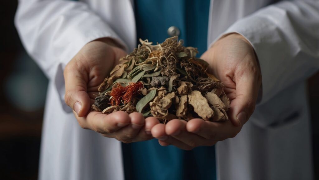 doctor holding handful of chinese traditional herbal medicine.